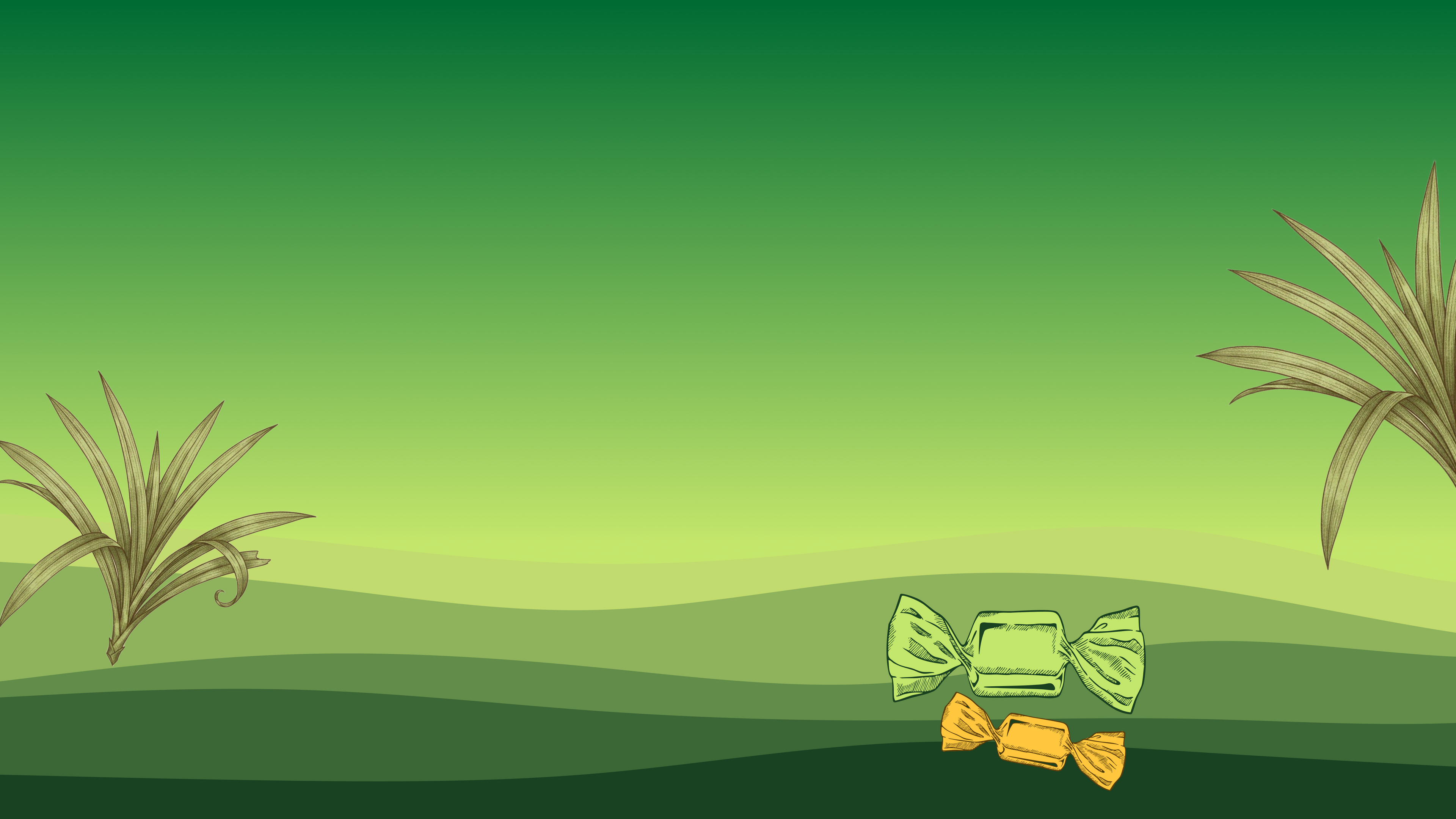 Candies on a green landscape with pandan leaves.