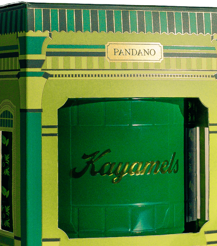 Green packaging box with 'Pandano' branding and a cylindrical container labeled 'Kayamels'.