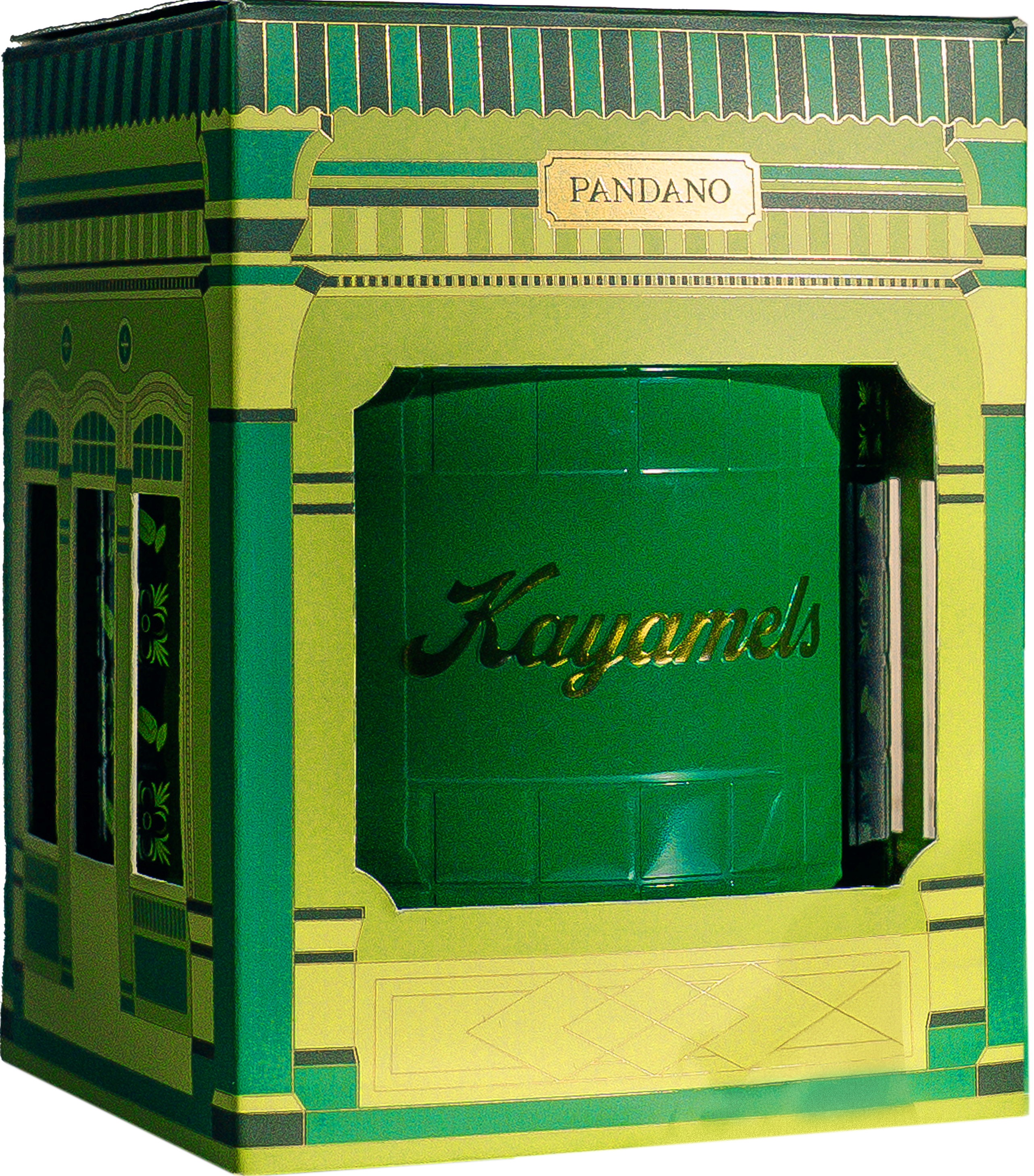 Green and gold packaging box with 'Pandano' and 'Kayamels' branding.