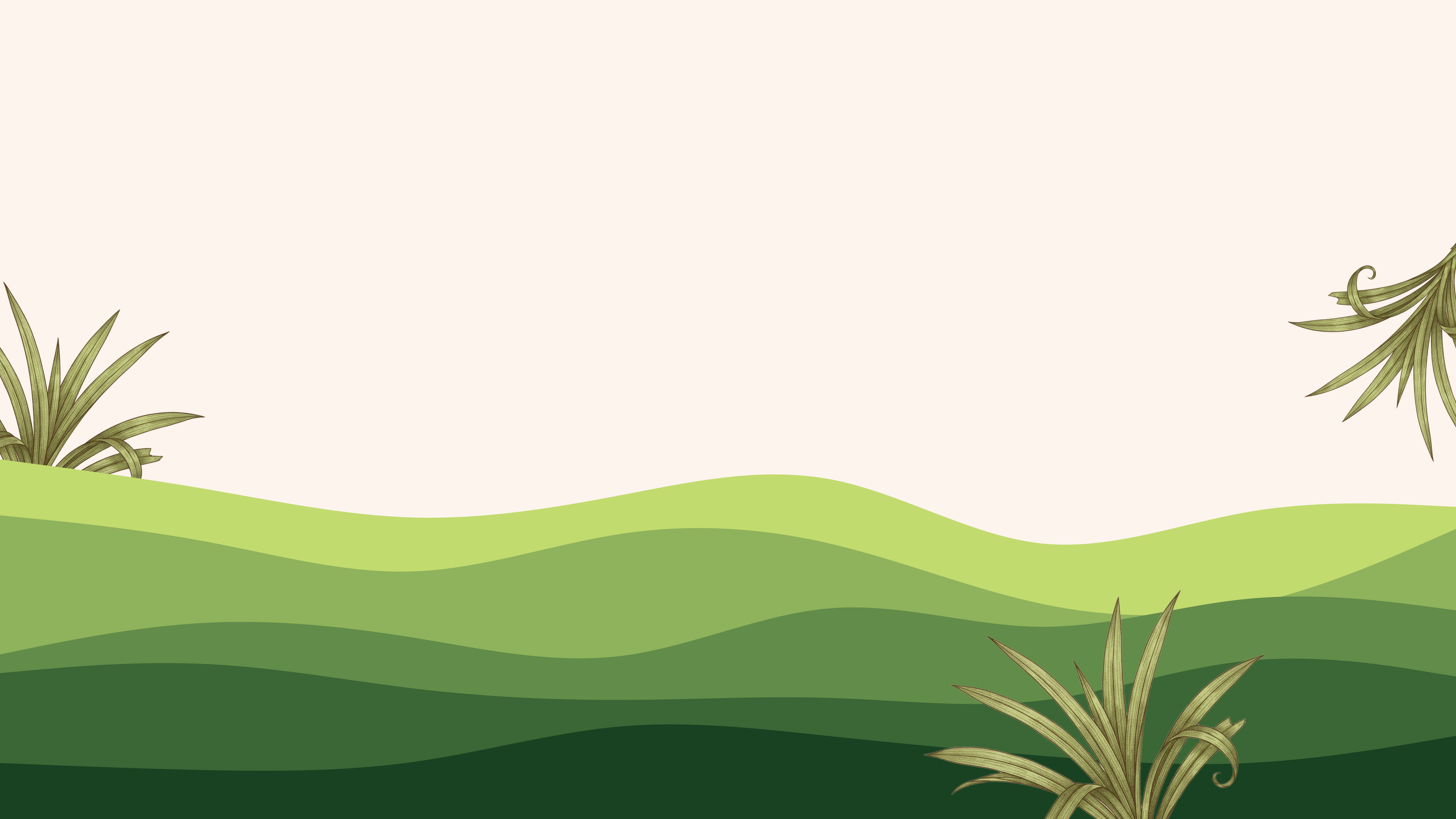 Landscape with green hills and pandan leaves on a beige background.