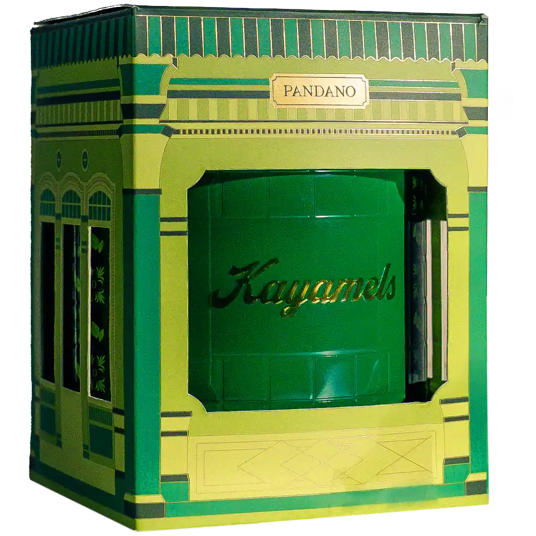 Kayamels Pandan Caramel candy in a decorative green and gold heritage-style box and tin packaging by Pandano