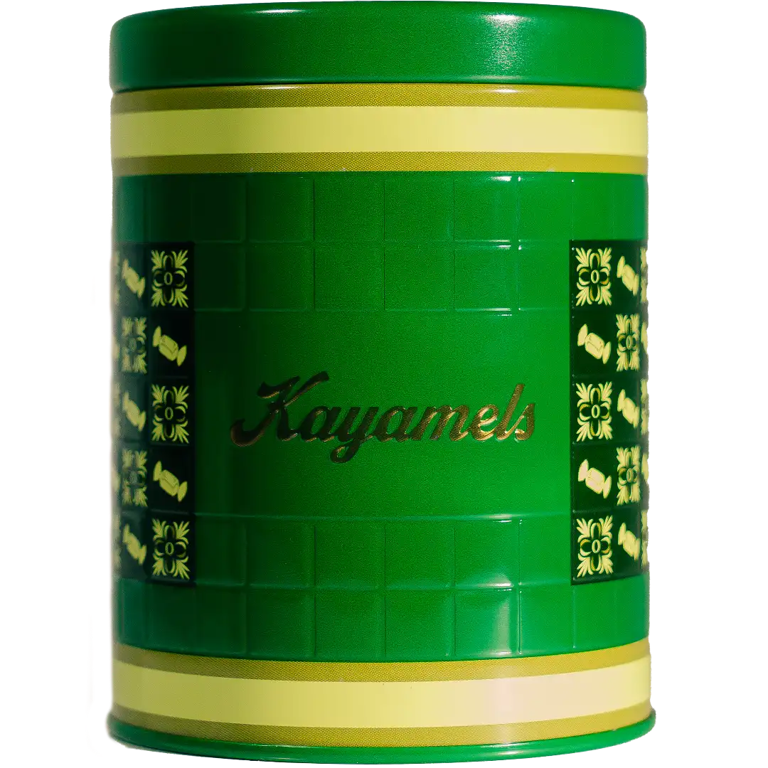 A green tin of Kayamels by Pandano