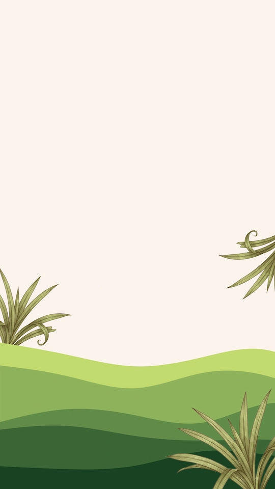 Landscape with green hills and pandan leaves on a beige background.