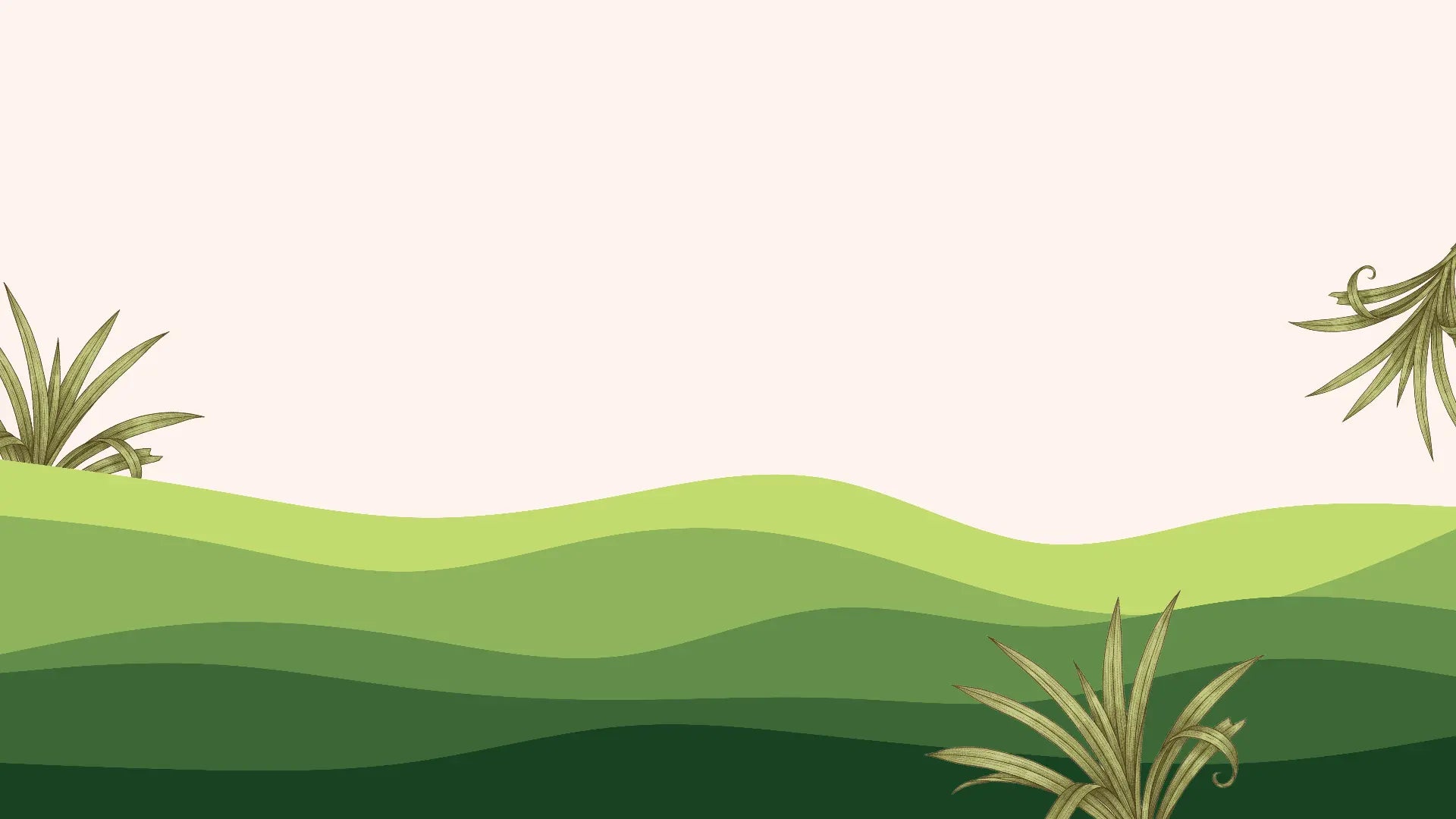 Landscape with green hills and pandan leaves on a beige background.